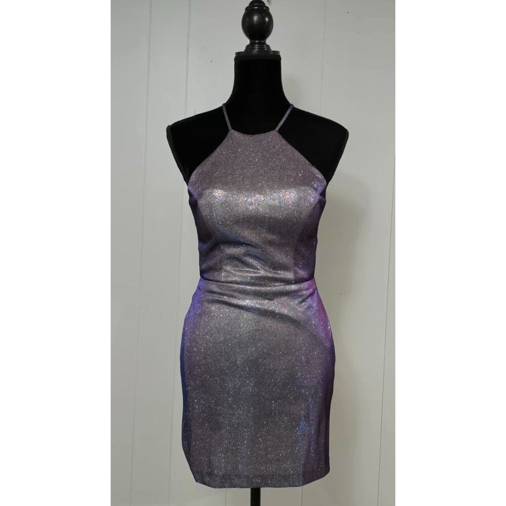 Morgan & Co Purple Metallic Shimmer Y2K 90s Halter Mini Dress Cutout Back Size5
